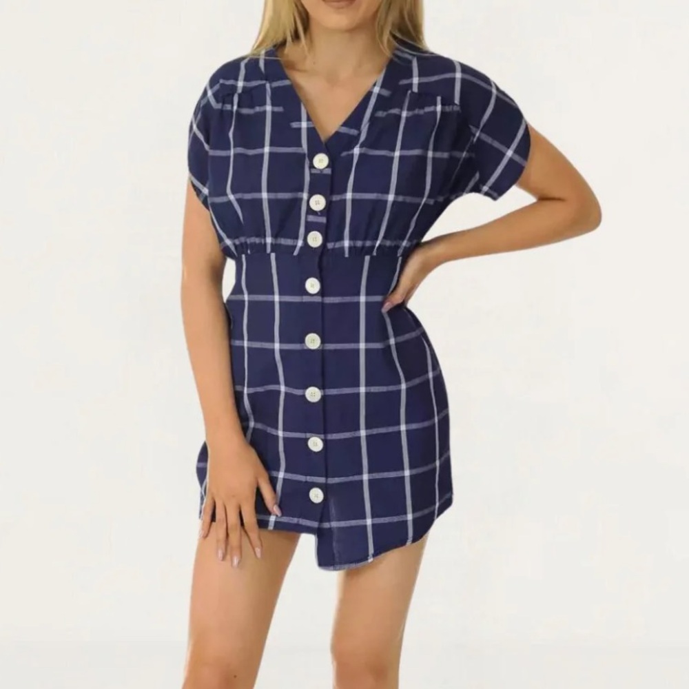 Zara Navy Plaid Button-Down Mini Dress